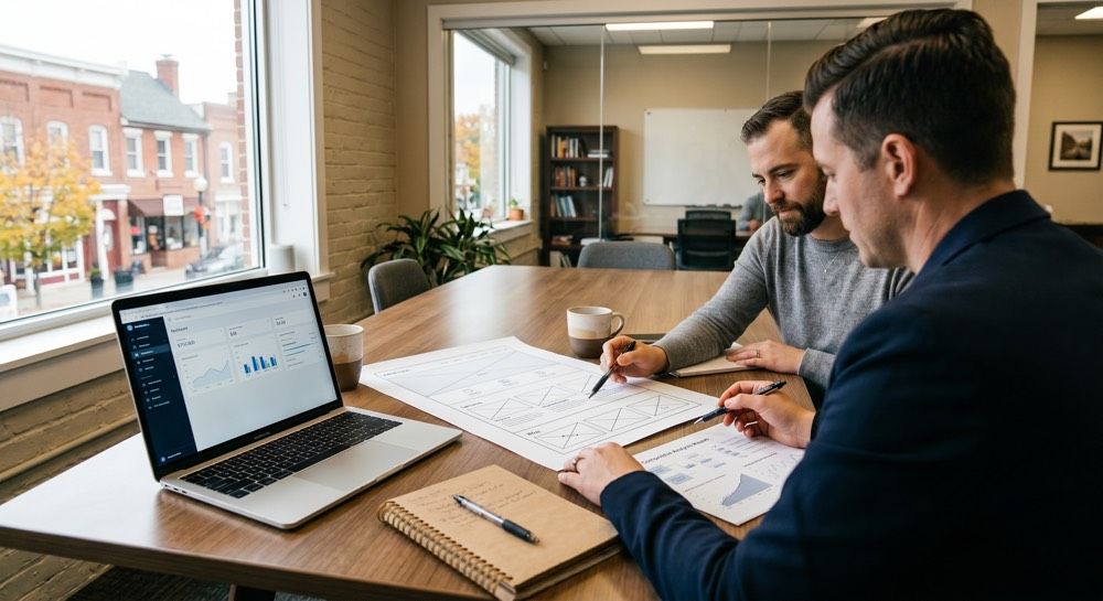 Two people review papers at a table with a laptop in a bright office.
