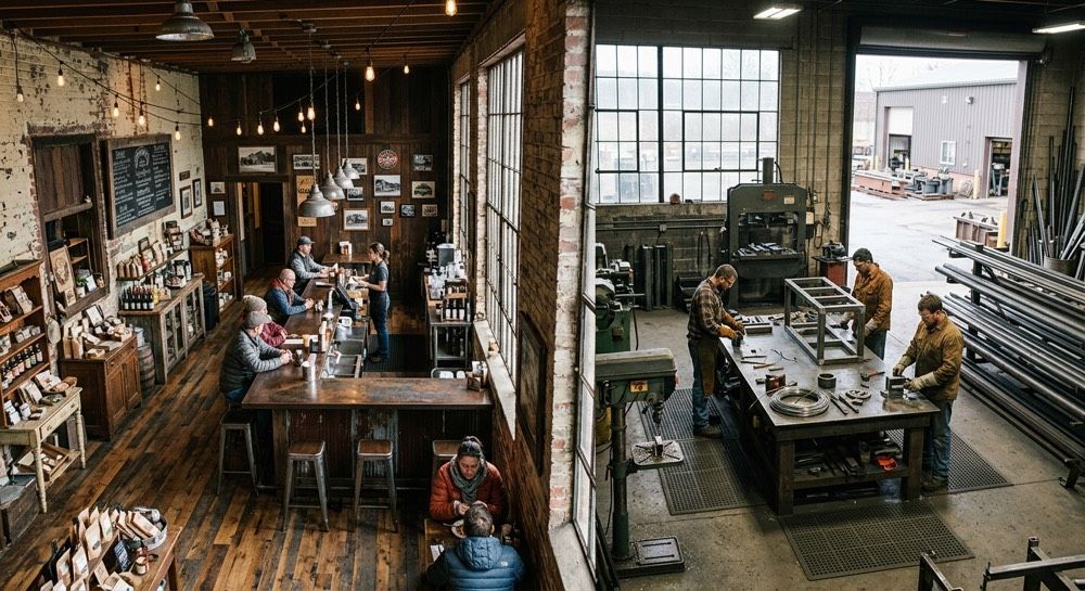 A busy woodworking workshop with people working around large wooden tables and tools in a rustic loft space