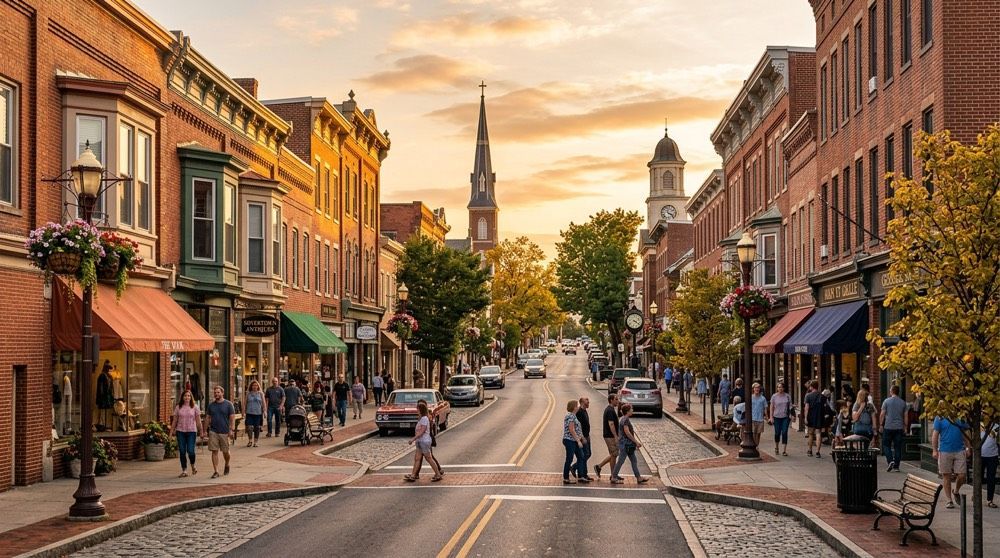 Historic downtown street at sunset with pedestrians, brick buildings, and a church steeple in the distance