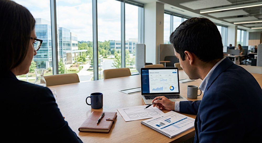 Two coworkers reviewing a laptop presentation at a conference table in a bright office with large windows