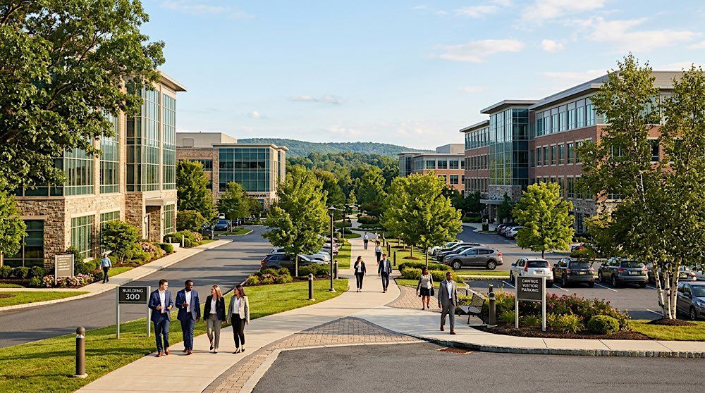 People walking on a landscaped campus path between modern office buildings on a sunny day