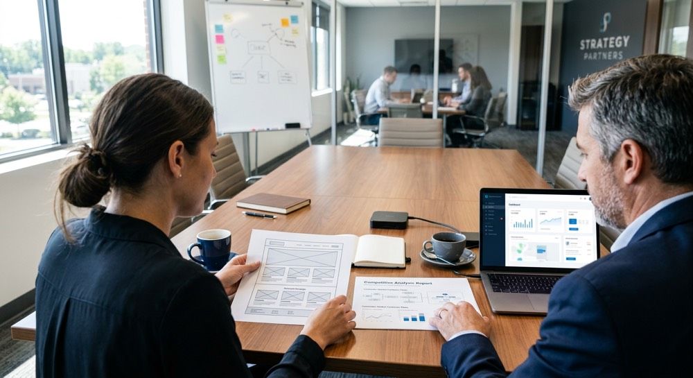Two people reviewing documents across a conference table in a glass-walled office meeting room with a laptop and notes.