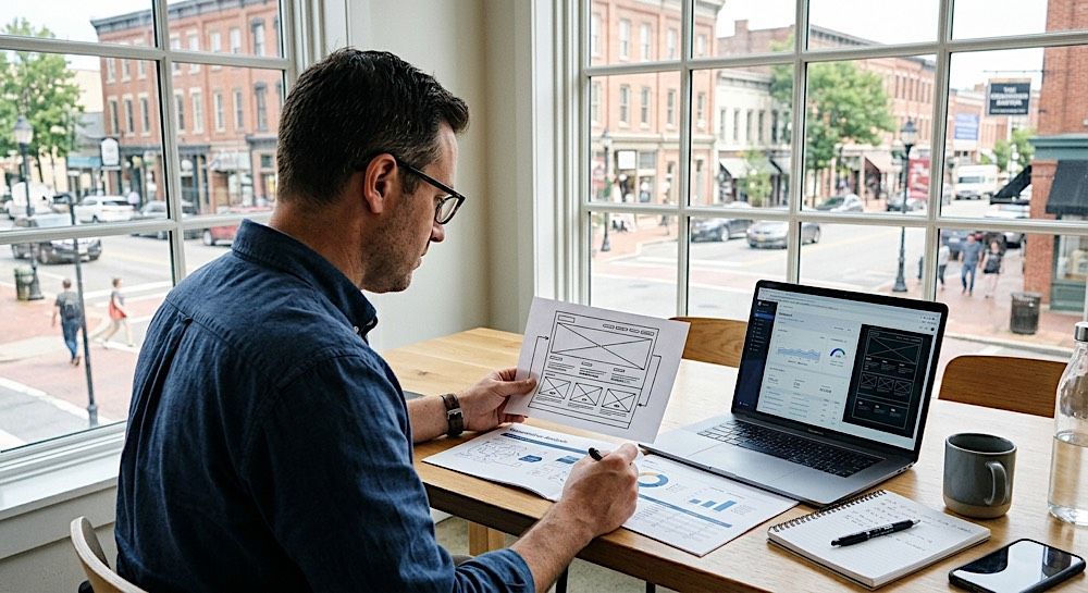 Person working at a desk by large windows, reviewing papers beside a laptop in a bright office.