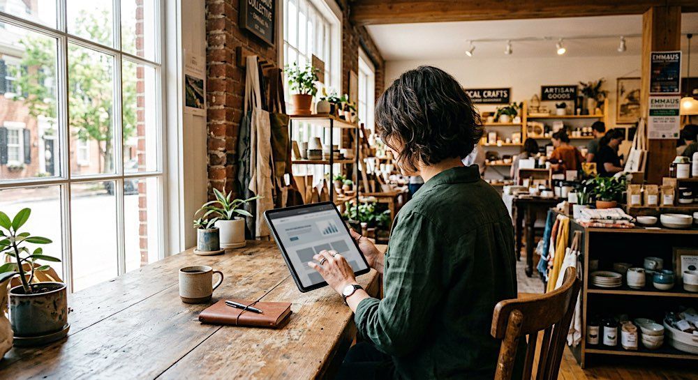 Person using a tablet at a wooden table in a cozy café with large windows and plants