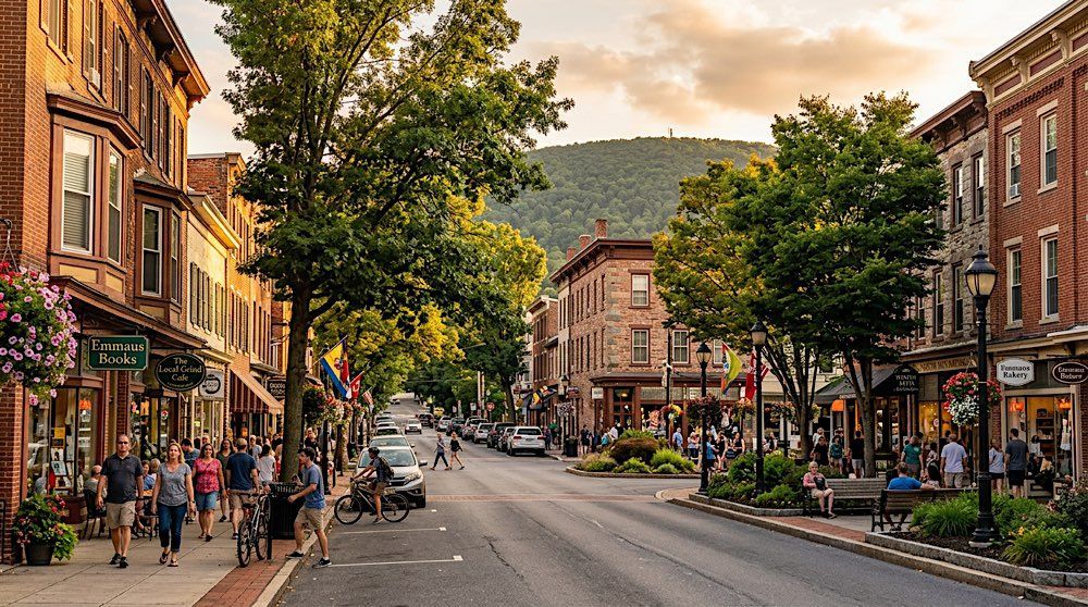 Tree-lined downtown street with brick buildings, pedestrians, parked cars, and warm sunset light