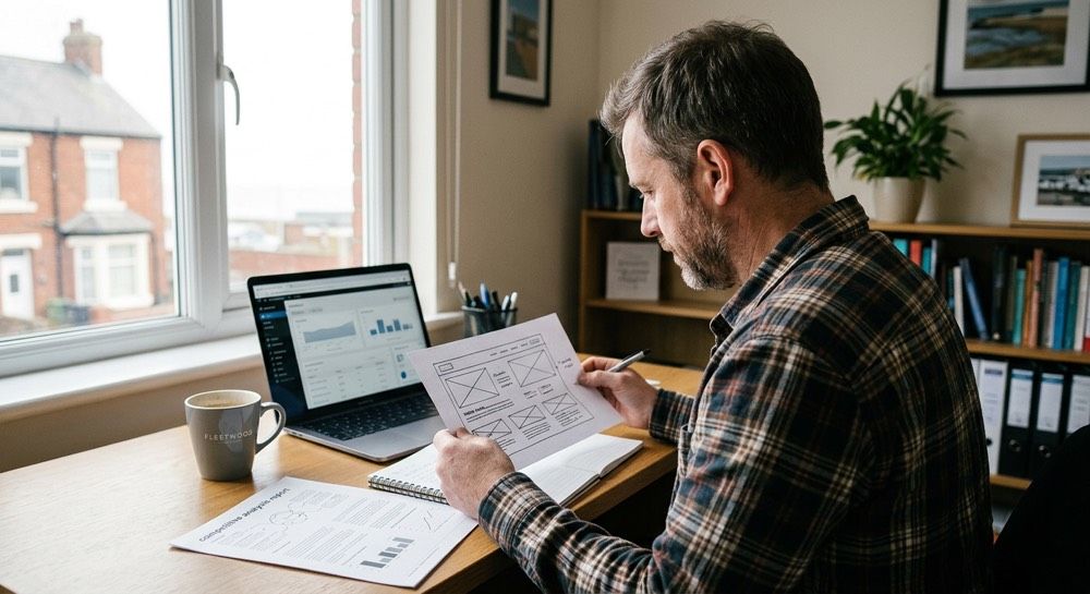 Person working at a desk beside a window, reviewing papers and a laptop in a home office.