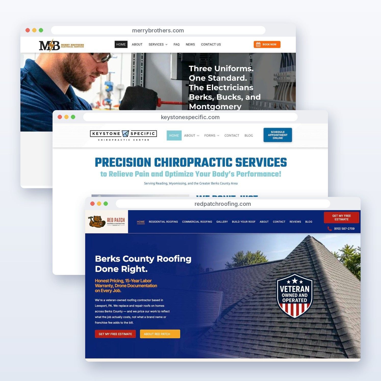 Live homepages of three websites PMI designed: Red Patch Roofing, Keystone Specific Chiropractic and Merry Brothers Electrical