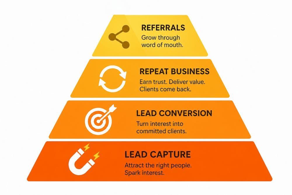 Orange pyramid infographic showing referrals, repeat business, lead conversion, and lead capture.
