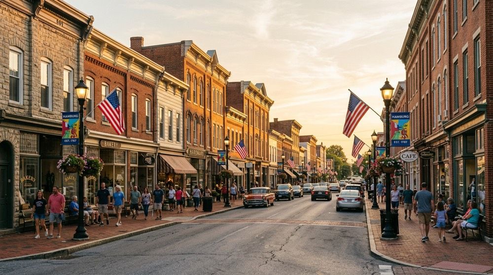 Historic downtown street lined with brick shops, American flags, and pedestrians at sunset