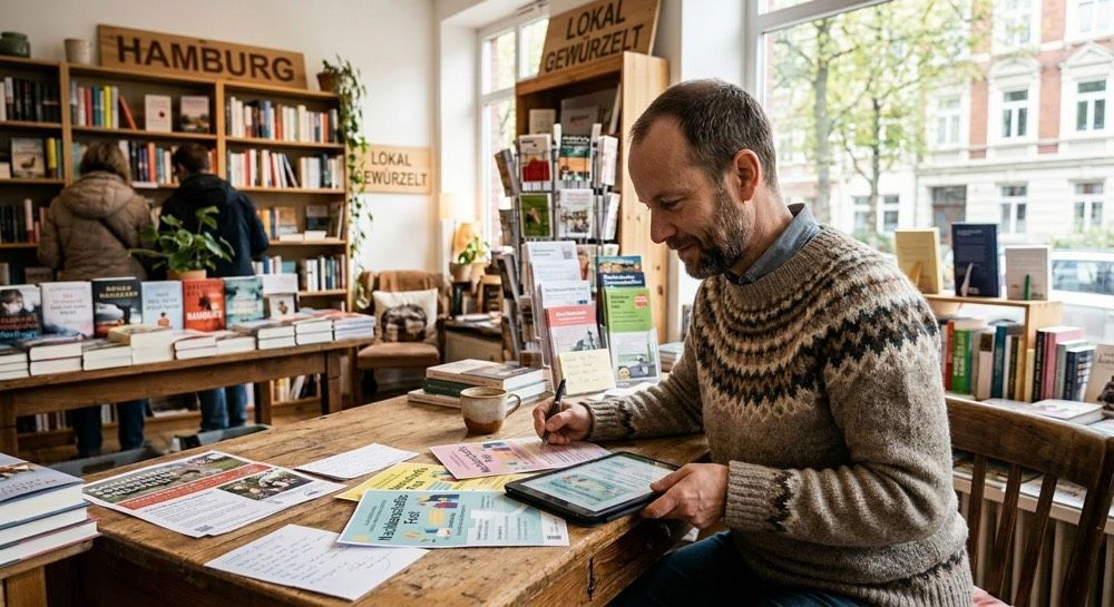 Man browsing a tablet in a bright bookstore with shelves of books and a window view outside