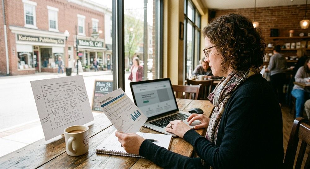 Person working on a laptop at a café window with papers, coffee, and a street view outside