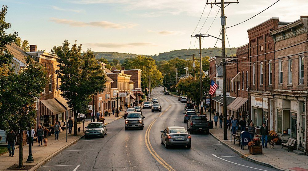 Small-town main street at sunset with cars, brick storefronts, and trees lining a gentle hill.