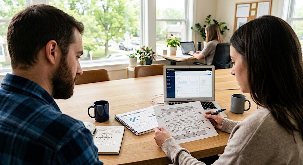 Two people reviewing documents at a wooden table with a laptop in a bright office