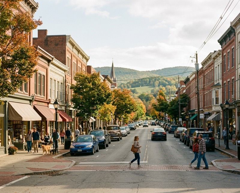 Downtown Reading, PA brick storefronts and tree-lined street, the city business district PMI builds web design for.