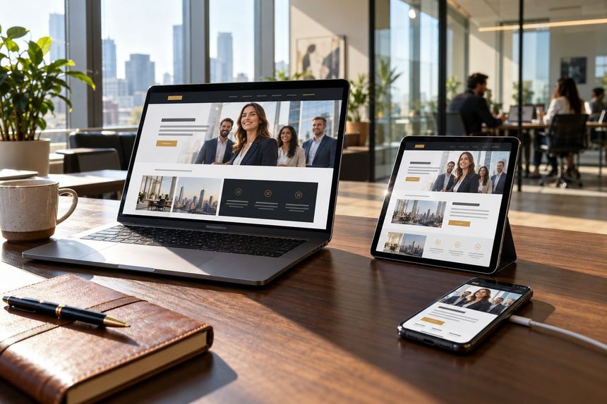 Laptop, tablet and phone on a walnut desk in a bright modern office showing the same polished business website design