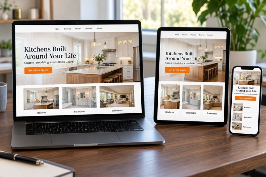 Laptop, tablet and phone on a walnut desk in a bright modern office showing the same polished business website design