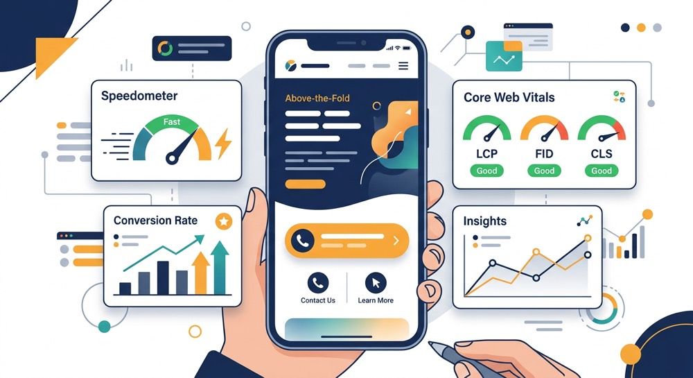Healthcare analytics dashboard on a smartphone, with charts for speech, conversion, care and insights.