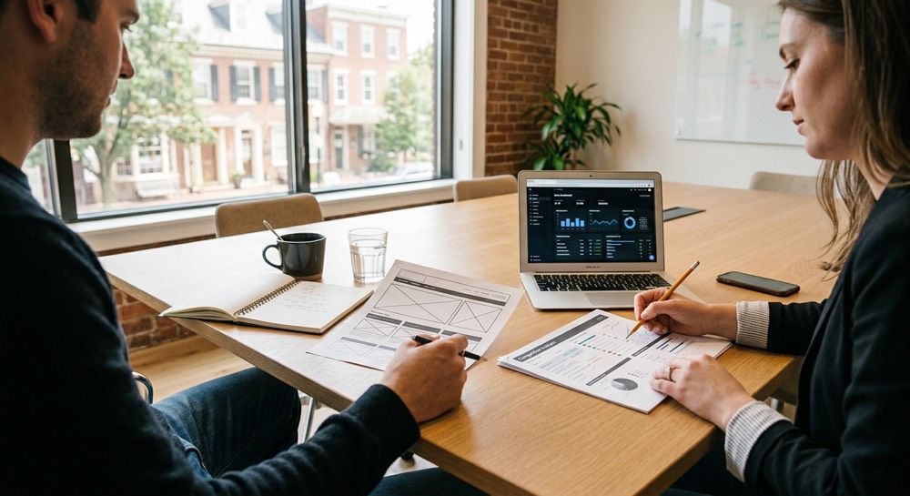 Two people reviewing printed documents at a conference table with a laptop in a bright office by large windows