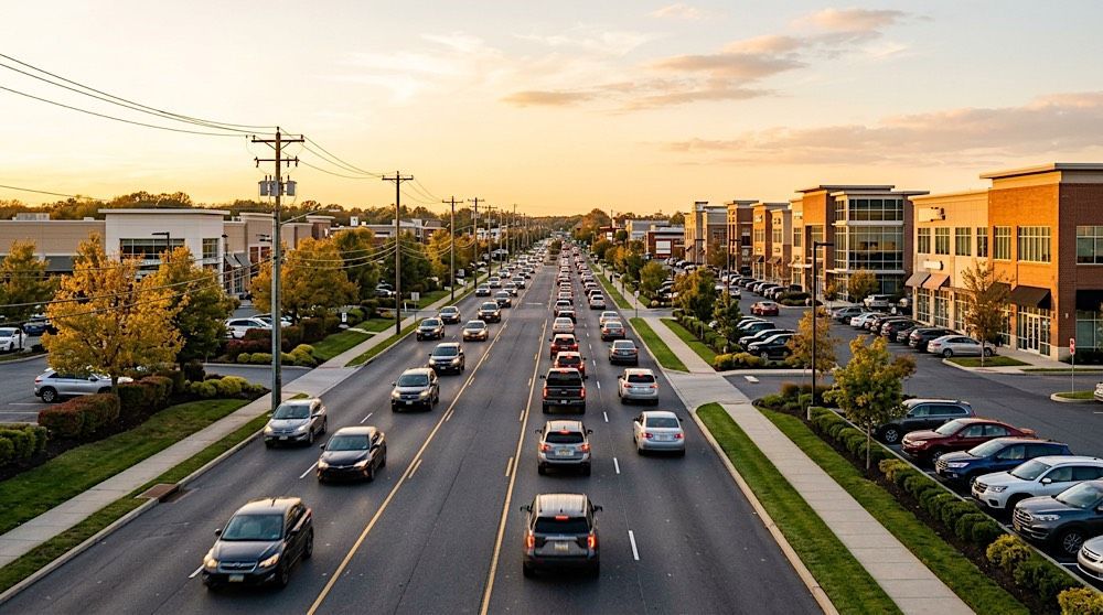 Busy city boulevard at sunset, with steady traffic beside modern apartment and office buildings.