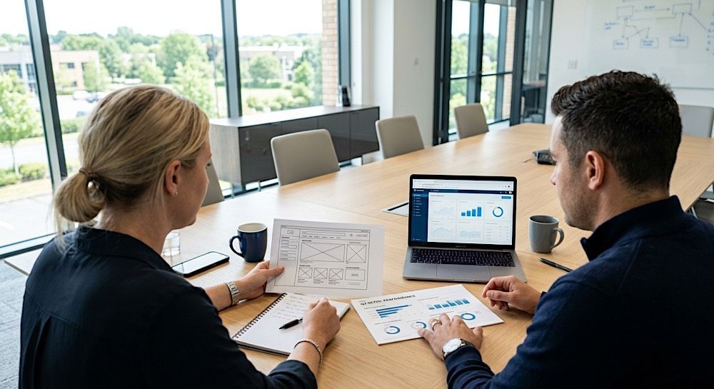 Two coworkers reviewing charts and a laptop in a bright conference room