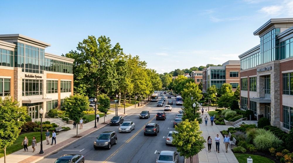 Tree-lined office park street with cars and pedestrians between modern glass buildings on a sunny day