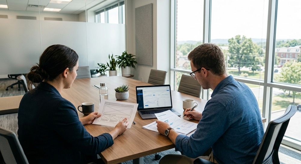 Two coworkers discussing documents at a table with a laptop in a bright conference room.