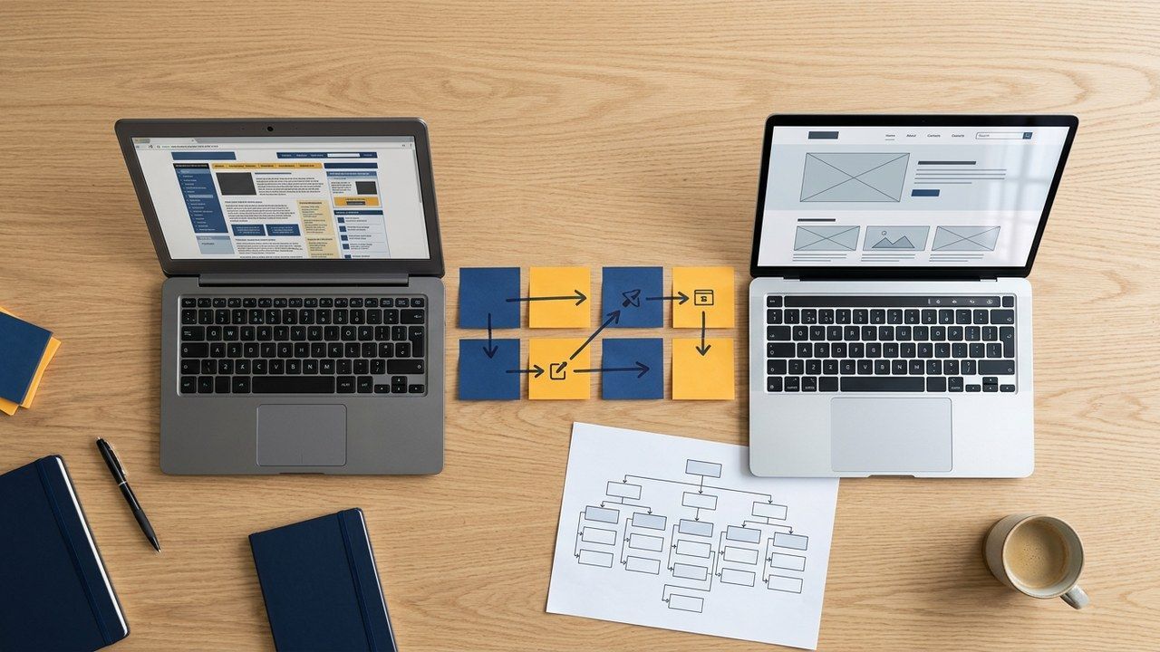 Overhead view of two laptops and a sticky-note redirect map planning a website redesign that keeps SEO rankings intact