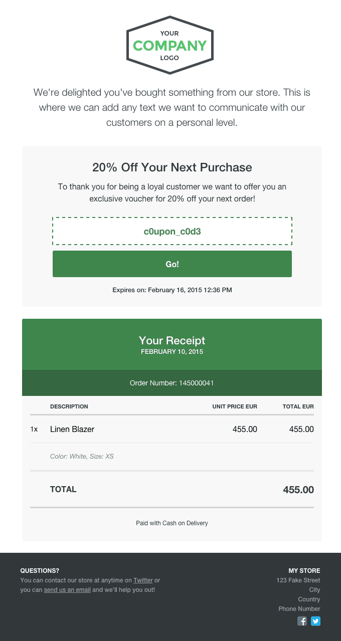 Sample email receipt with a discount offer and order summary, showing a free way to drive repeat ecommerce sales
