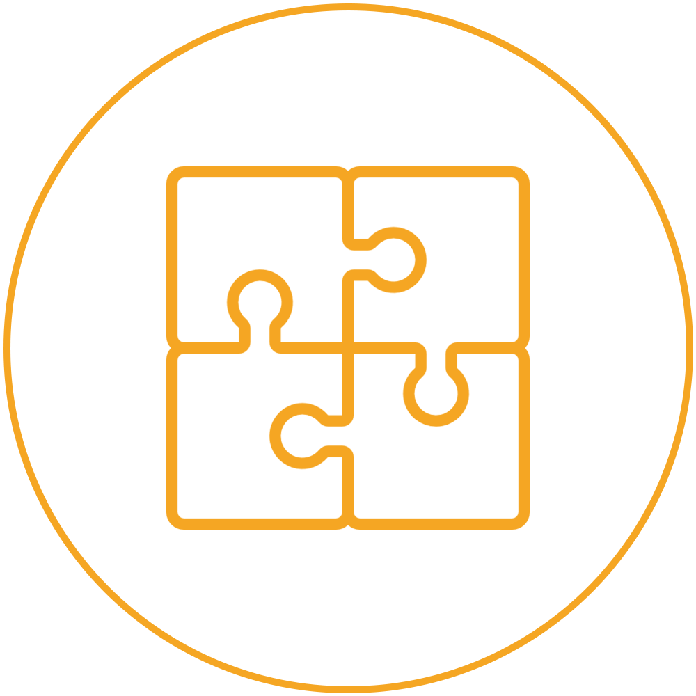 Orange puzzle icon inside a thin orange circle on a white background