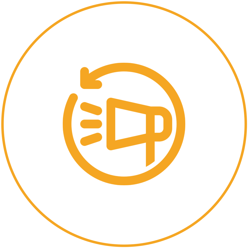 Orange megaphone icon inside a circular arrow on a white background
