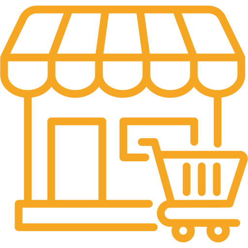 Orange line icon of a storefront with a shopping cart, representing an online or retail shop