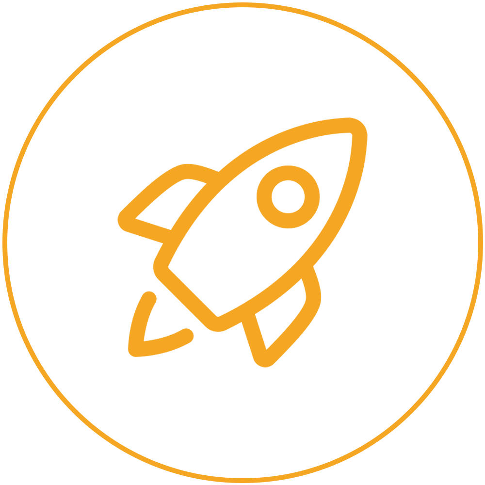 Orange rocket icon inside a thin orange circle on a white background