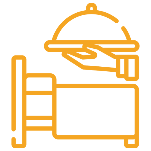 Orange line icon of a covered serving tray above a bed, suggesting room service or hospital meal delivery