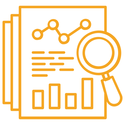 Orange analytics report icon with line chart, bar graph, and magnifying glass