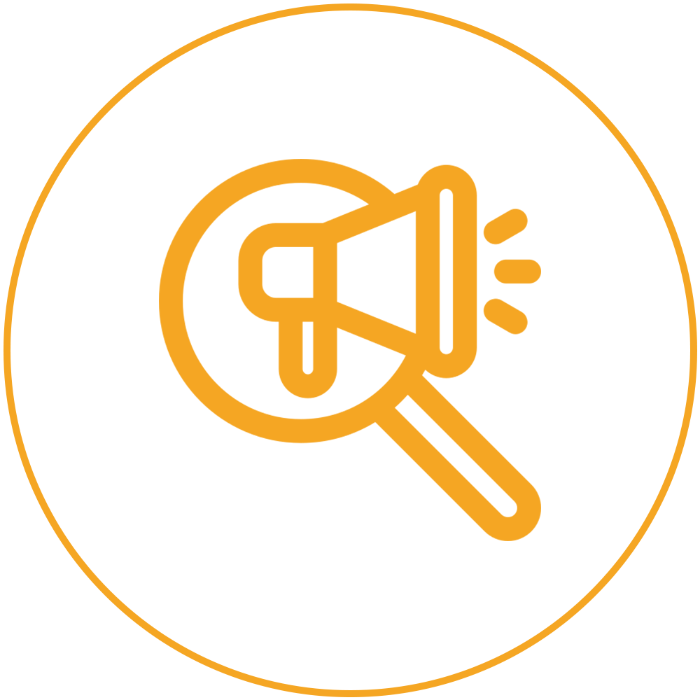 Orange magnifying glass with megaphone inside a circle icon, suggesting search or sound alert