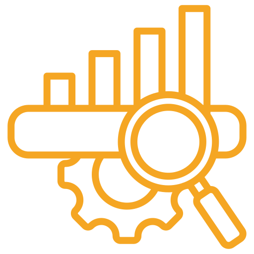 Orange line icon of a gear, magnifying glass, and rising bar chart with a horizontal bar