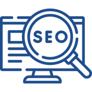Blue SEO icon with magnifying glass over a webpage