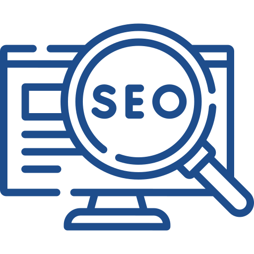 Blue SEO magnifying glass icon over a webpage outline