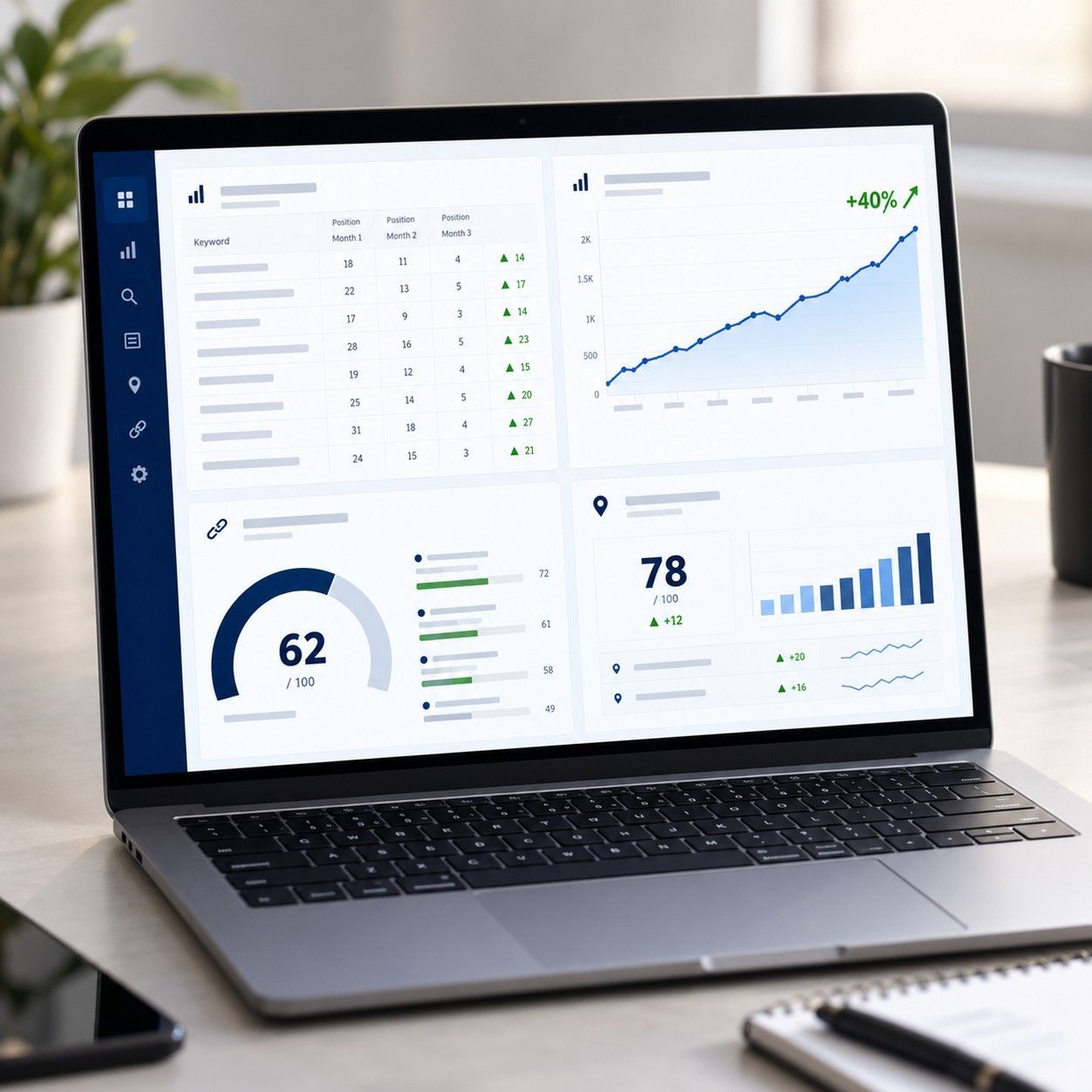 PMI SEO monthly reporting dashboard — keyword rankings, organic traffic, and lead tracking for Berks County clients