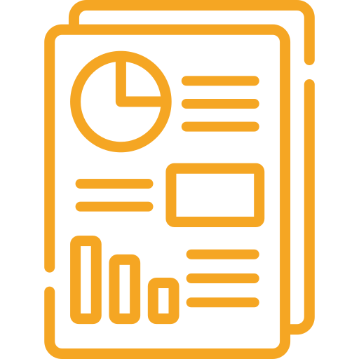 Orange outline of layered report pages with charts, graphs, and text blocks