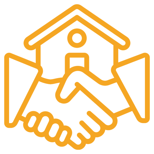 Orange line icon of a handshake in front of a house, symbolizing home agreement or partnership