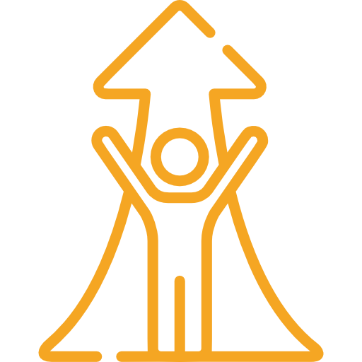 Orange line icon of person with raised arms beneath an upward arrow and cape-like shape