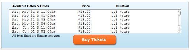 Online ticketing table listing tour dates, times, prices and durations with a Buy Tickets button for a tour website