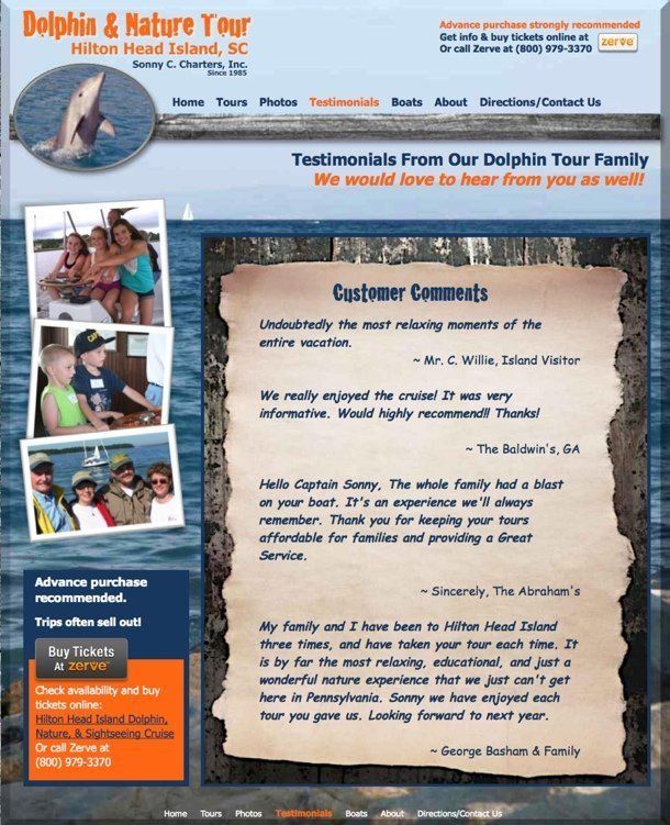 Tour company testimonials page with guest photos and reviews, an example of social proof in touring web design
