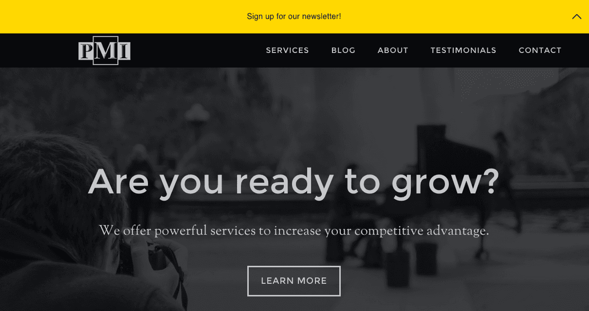 Marketing website homepage asking Are you ready to grow, with a yellow bar inviting visitors to sign up for email updates