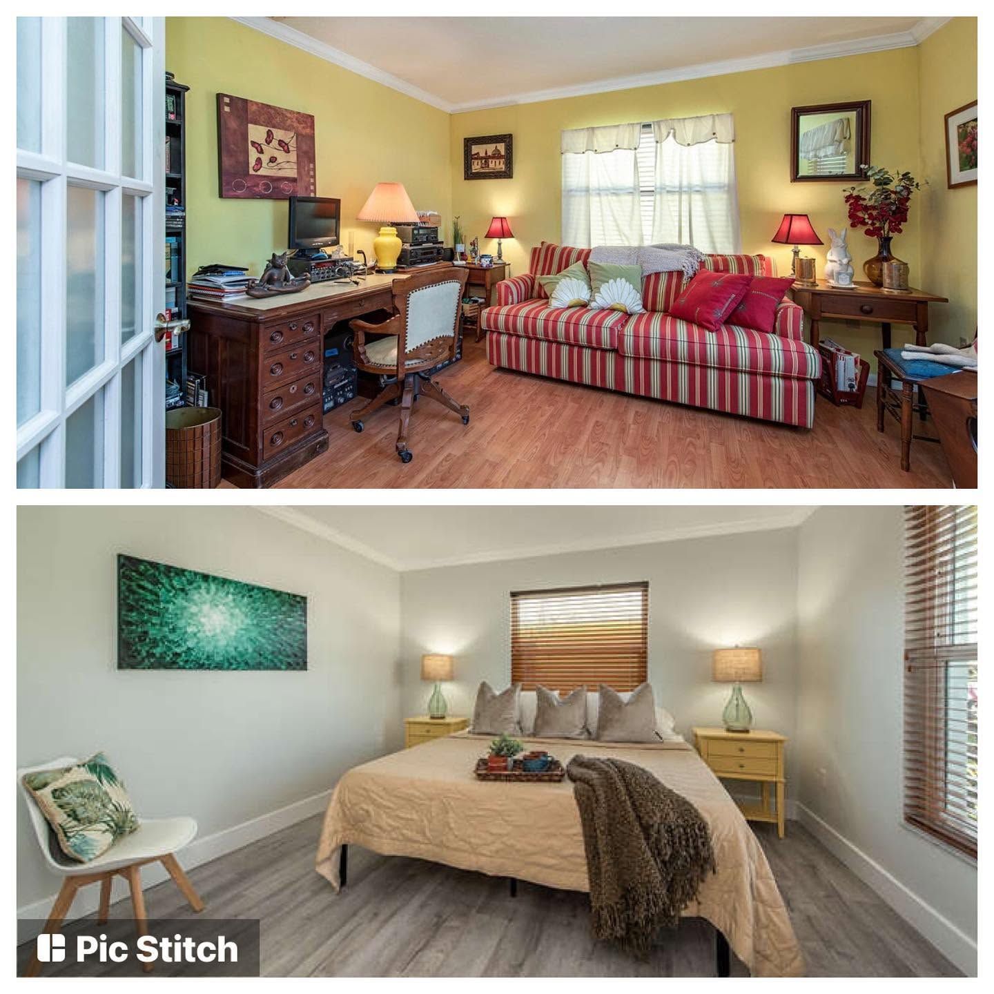Two cozy bedrooms, one with a red-striped sofa and desk, the other with a bed, lamps, and window blinds.