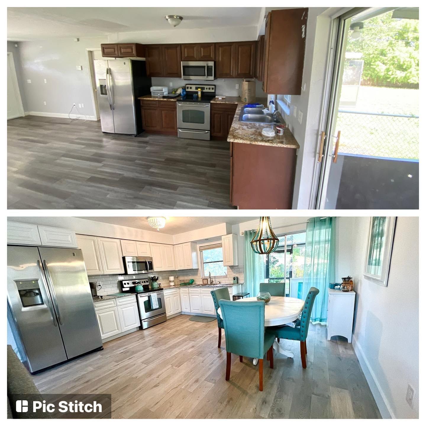 Two kitchen views: stainless steel appliances, wood cabinets, and an open dining area with teal chairs.