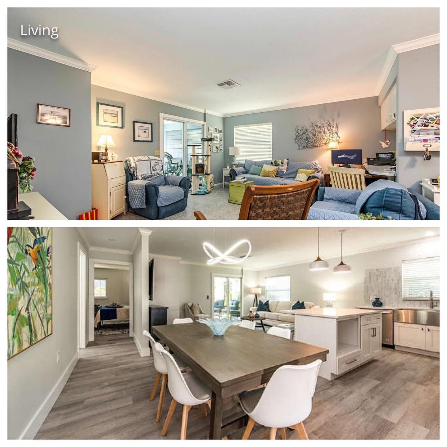 Two-room home interior: cozy living room and bright modern kitchen with island and white chairs
