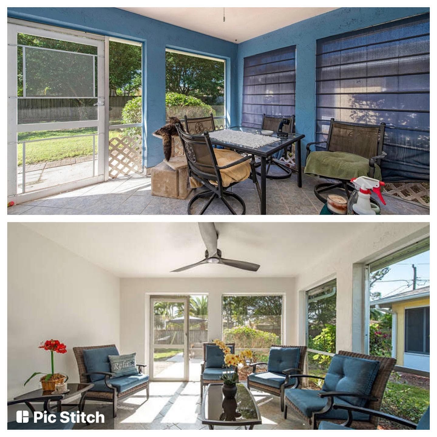 Two patio seating areas with blue walls, chairs, tables, and sliding glass doors under a covered porch.
