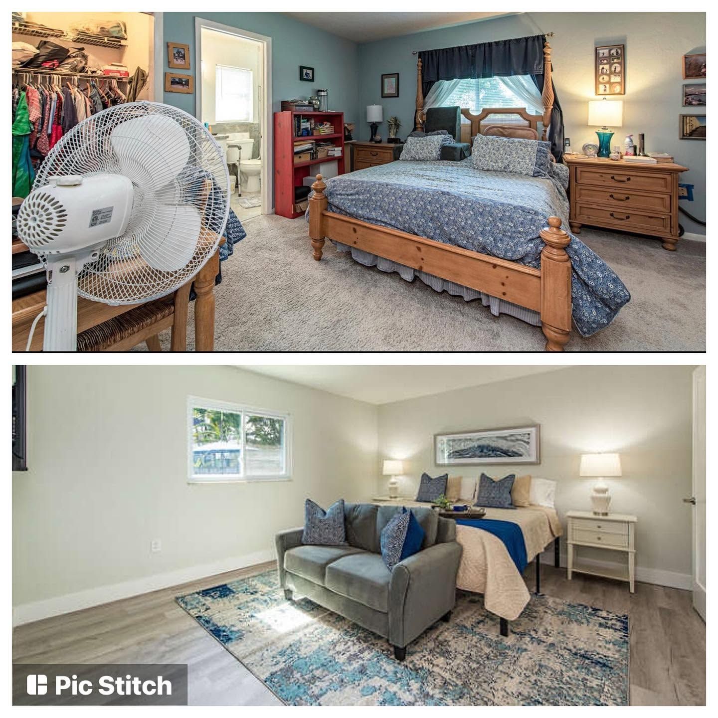 Two bedroom interiors: one with wood bed and fan, one with gray sofa, blue bed, and nightstands
